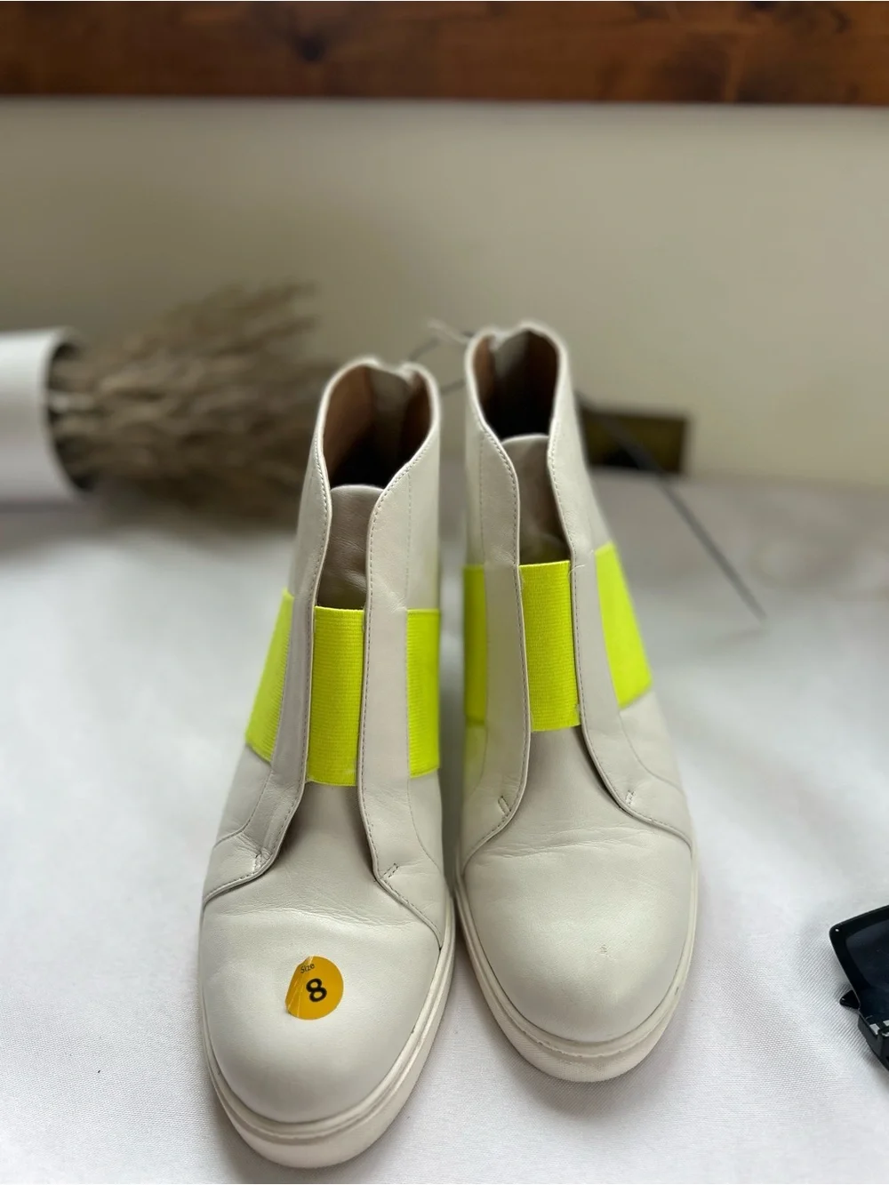 Paolo White Ankle Boots with Neon Yellow Elastic Band 8